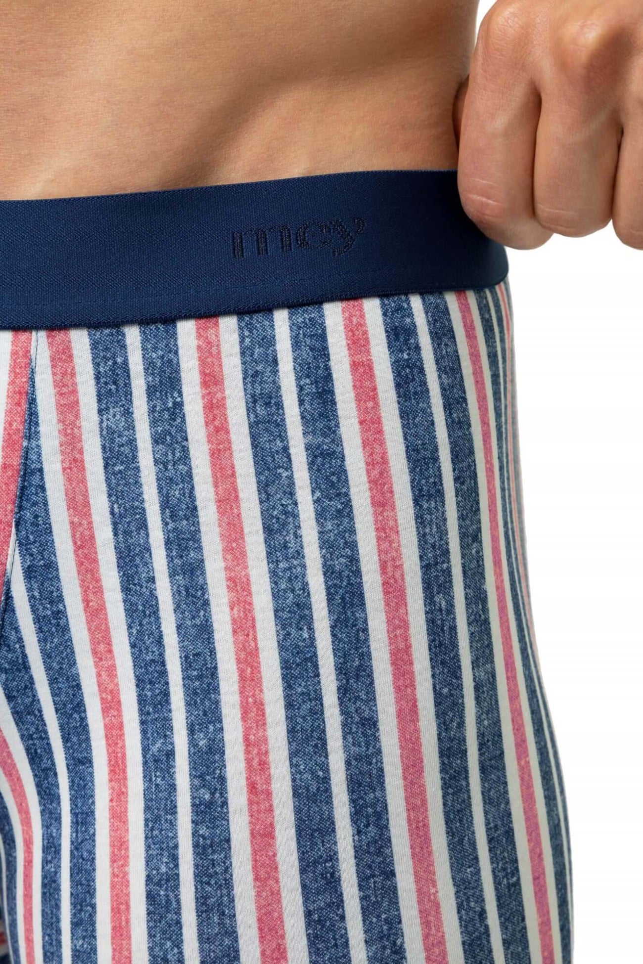Mey Long Shorty Towel Stripe Heren 2120179 1762 hague blue met sportieve blauwe boord en vrolijk streepjespatroon.