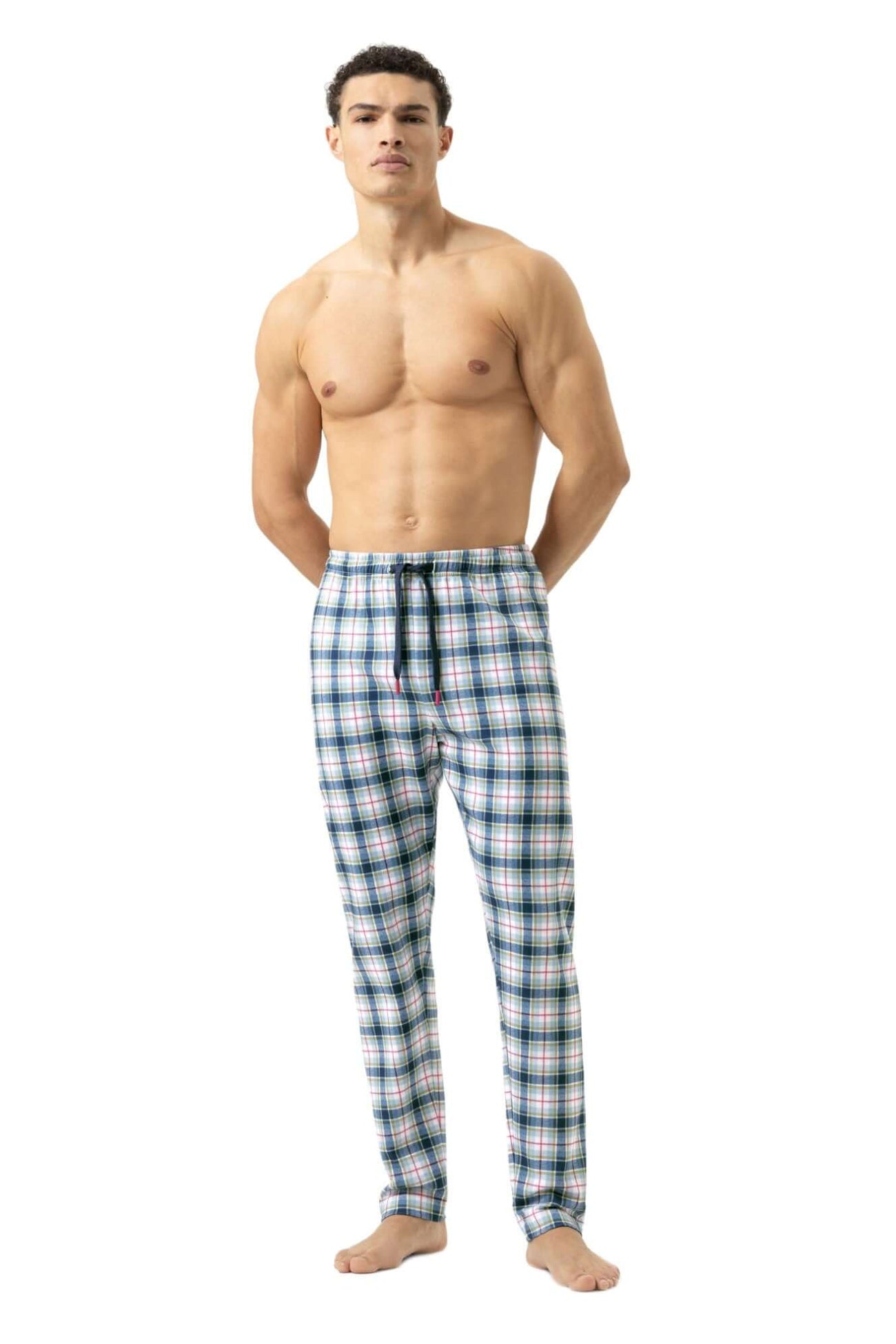 Mey Pyjamabroek Perfect Check Heren 2220052 668 yacht blue in retro stijl met ruitmotief en comfortabele tailleboord.