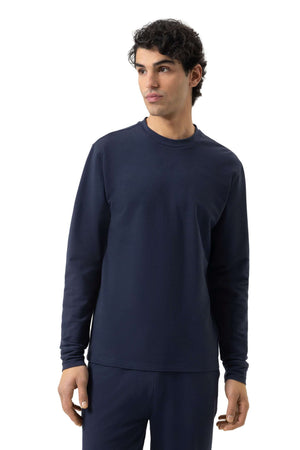 Mey Shirt Homey Nights Heren in yacht blue, gemaakt van zacht en rekbaar French Terry katoen, perfect voor thuis of sport.