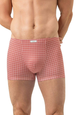 Mey Shorty Coral Grid Heren 2120205 1764 coral island, elegante boxer met grafisch patroon in zacht rood.
