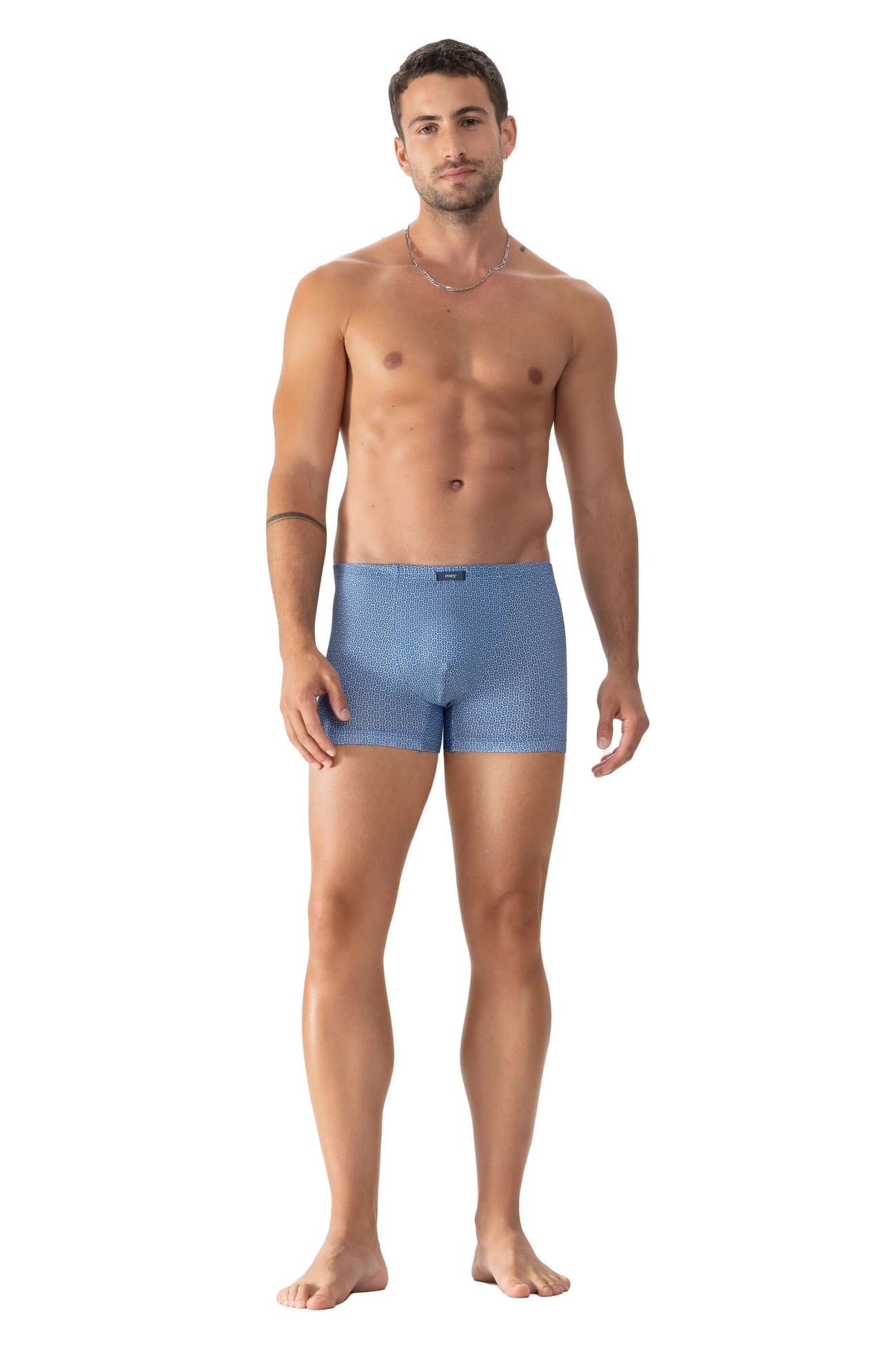 Mey Shorty Frame Heren 37356 578 classic blue boxer met grafische print en elastische tailleband.