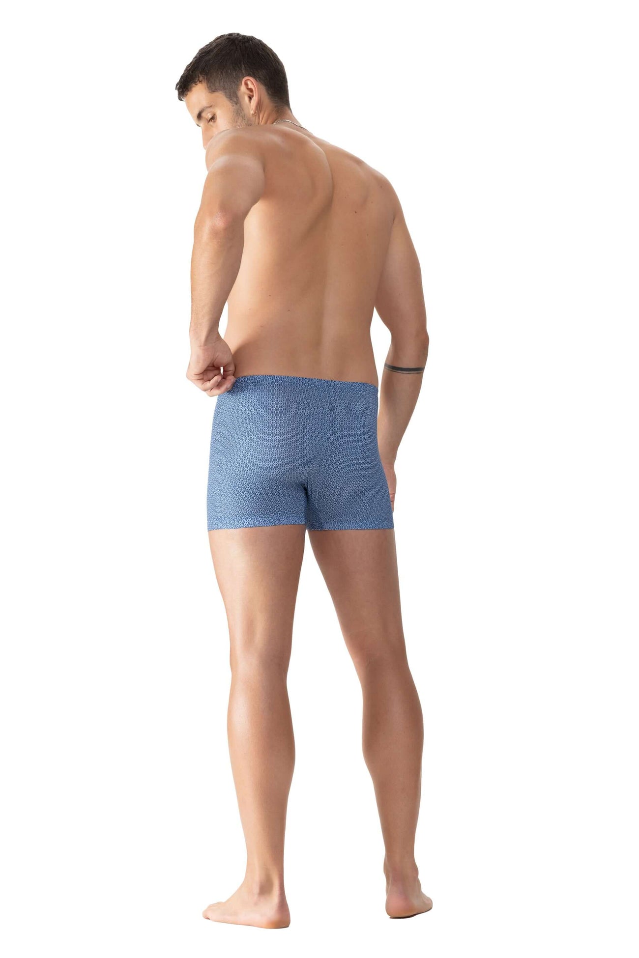 Mey Shorty Frame Heren 37356 578 classic blue achterkant weergave van de boxer met subtiele grafische print.