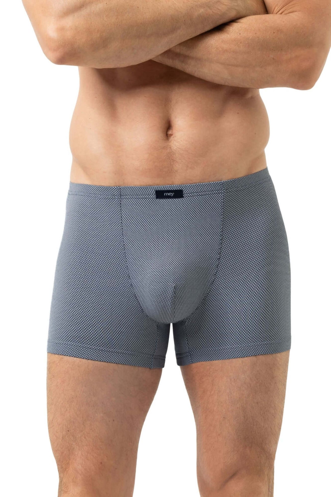 Mey Shorty Micro Blue Heren 2120207 1762 hague blue boxer met micro blokjesprint en elastische tailleband.