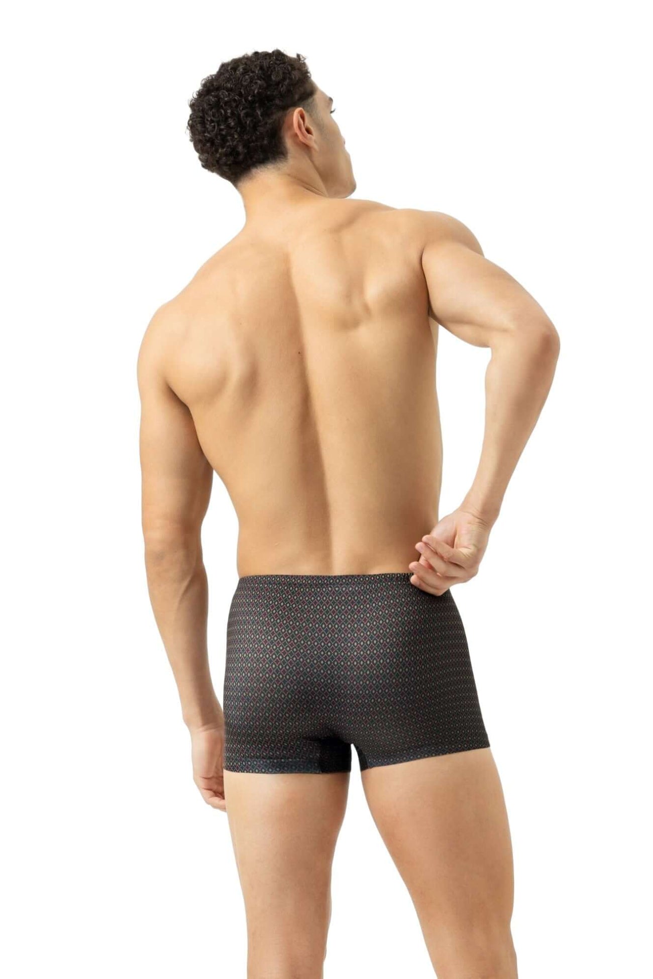 Man in Mey Shorty Minimal Dusk boxers in lava grey, zijzicht met focus op elastische tailleband.