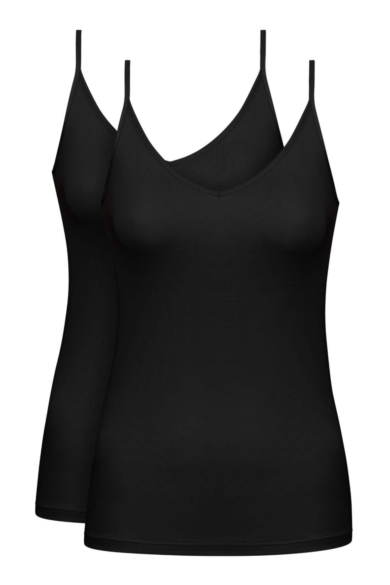 Mey spaghetti-top 2-pack in zwart met verstelbare schouderbandjes, gemaakt van 50% viscose voor comfort.