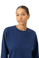 Mey Sweatshirt Cozy Nights Dames 1210074 1768 blue zodiac, model in navy sweatshirt, casual and comfortable look.