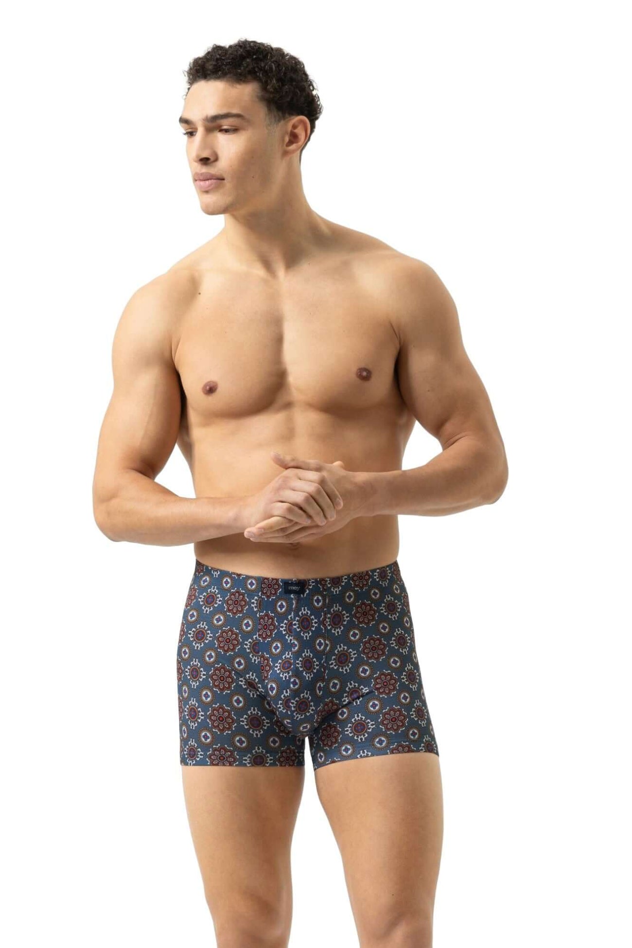 Mey trunk short met elegante grafische patronen in galactic blue, perfect voor luxe draagcomfort.