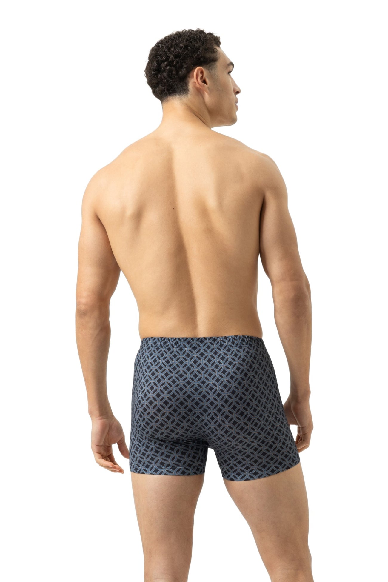 Mey Trunk Short Regular Circle heren, donkerblauw met grafisch patroon, biedt luxe comfort en een zachte pasvorm.