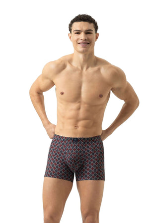 Mey trunk shorty voor heren in imperial red met grafische vormen, gemaakt van zachte modal stof.