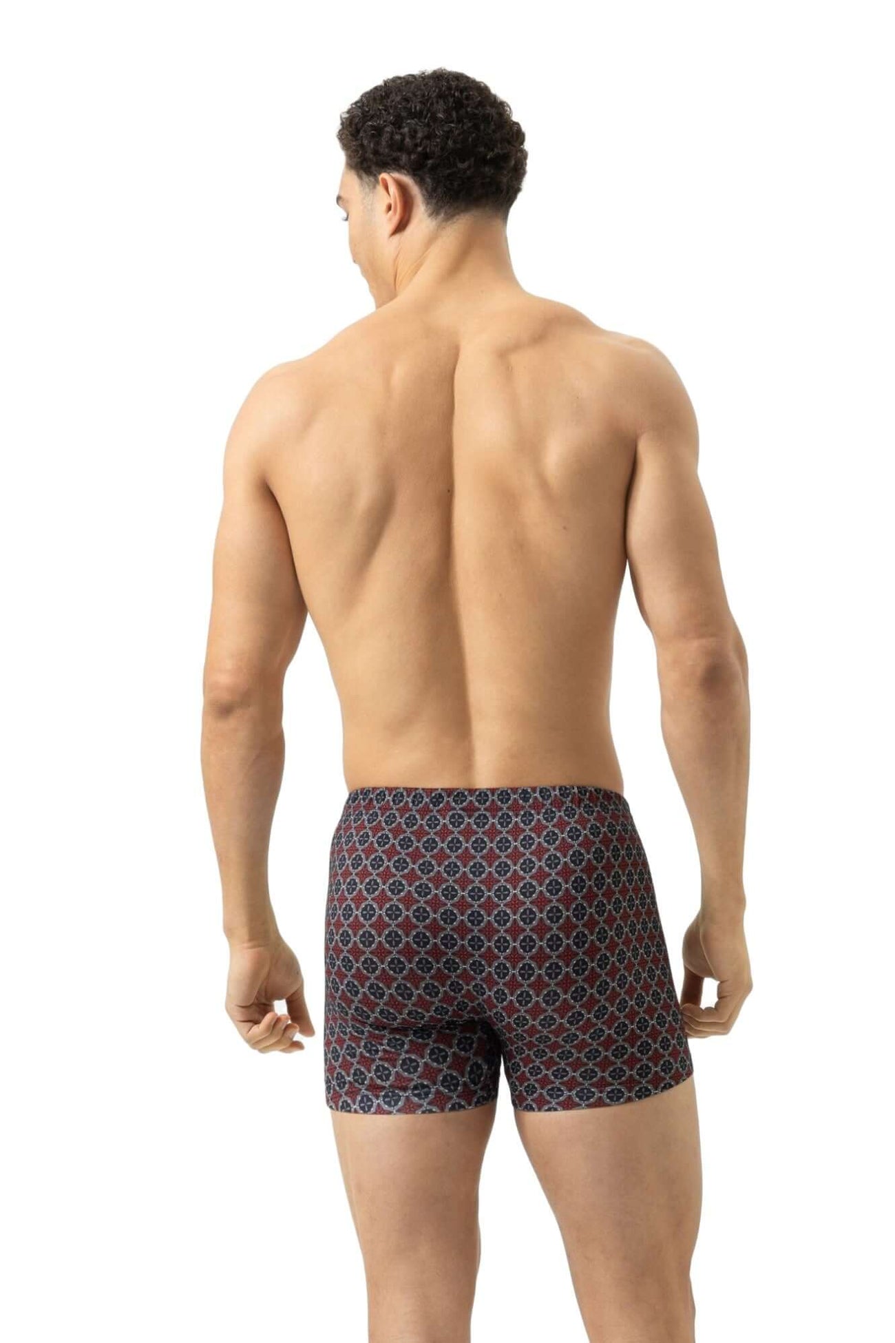 Mey Trunk Shorty in imperial red, comfortabele boxer met grafische patronen, achteraanzicht.