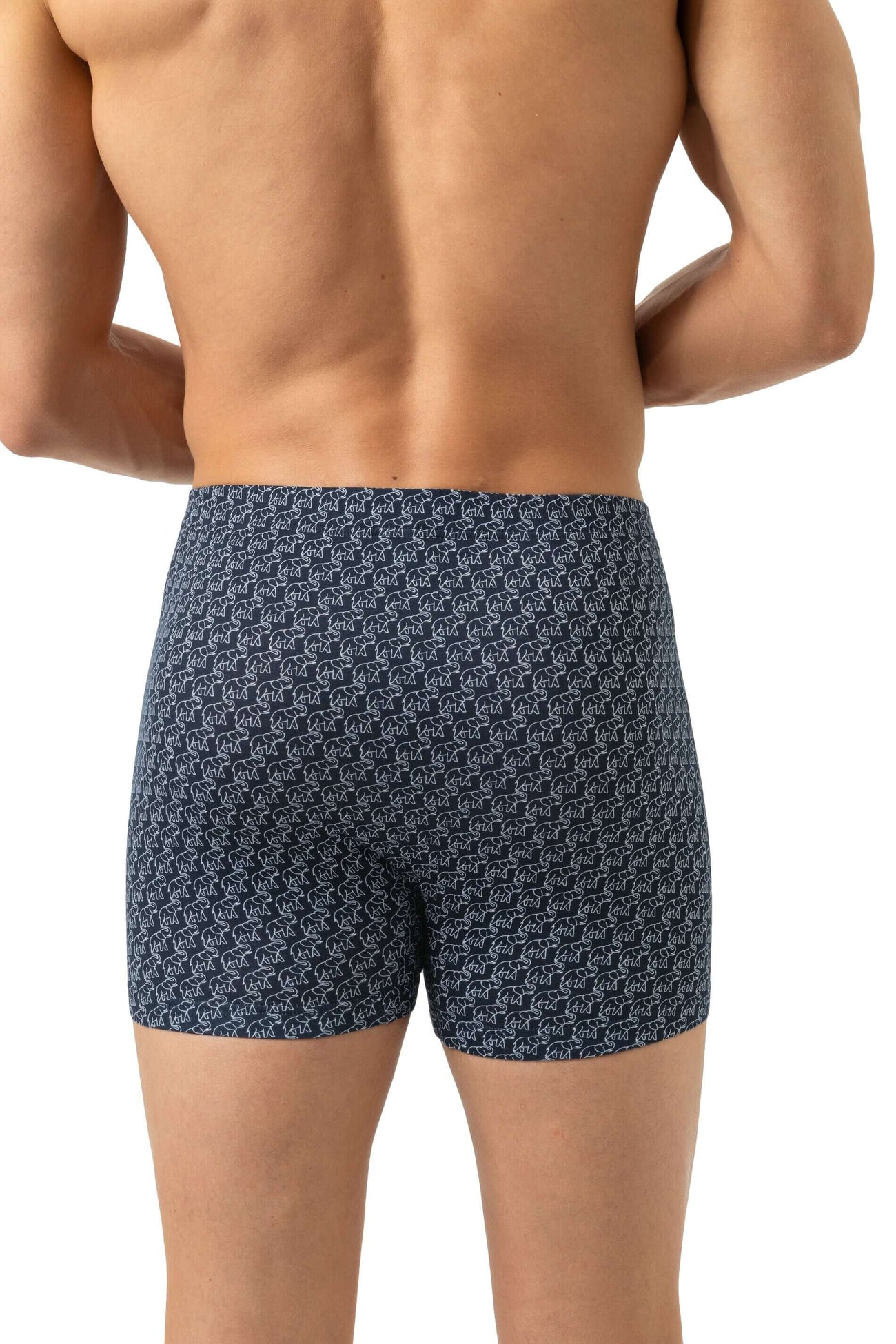 Mey Trunk Shorty Elephant Walk Heren 2120170 116 marine, heren boxer met leuke olifantenprint in marineblauw.