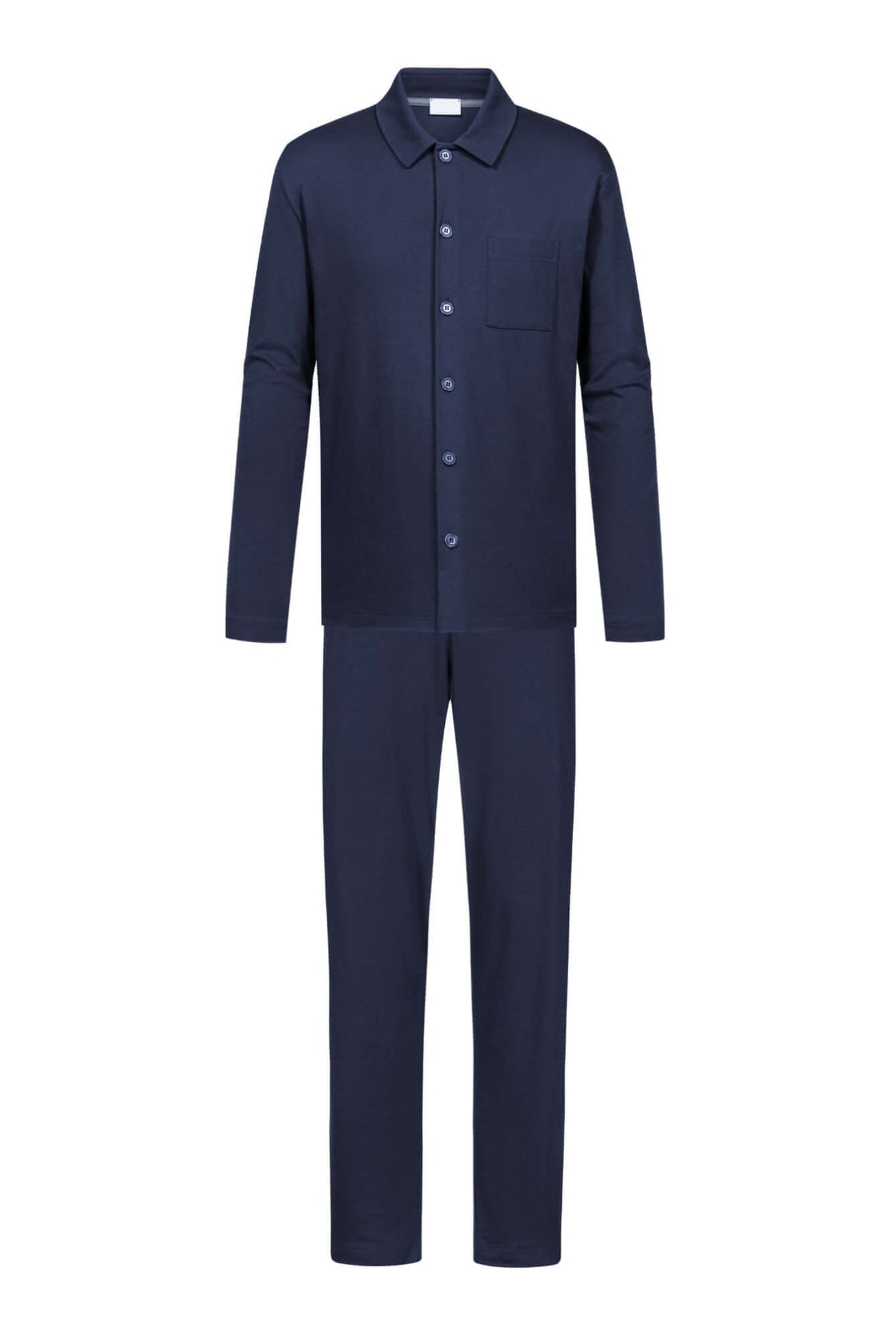 Mey doorknoop pyjama voor heren in yacht blue, gemaakt van zachte katoenen interlockkwaliteit.