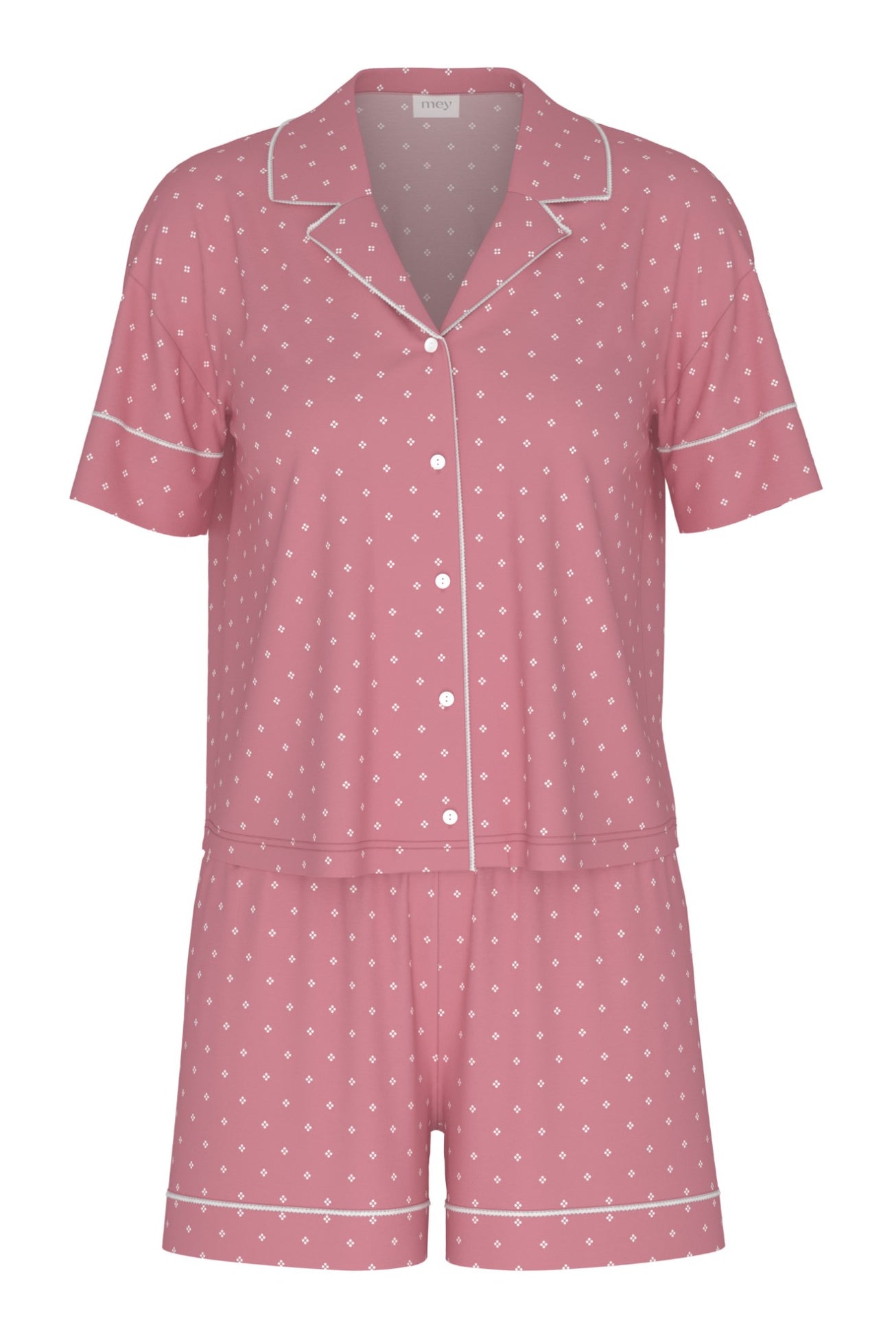 Mey Tweedelige Korte Knoopjes Pyjama Dames 1240121 1782 soft rosewood met witte stippen en korte mouwen.