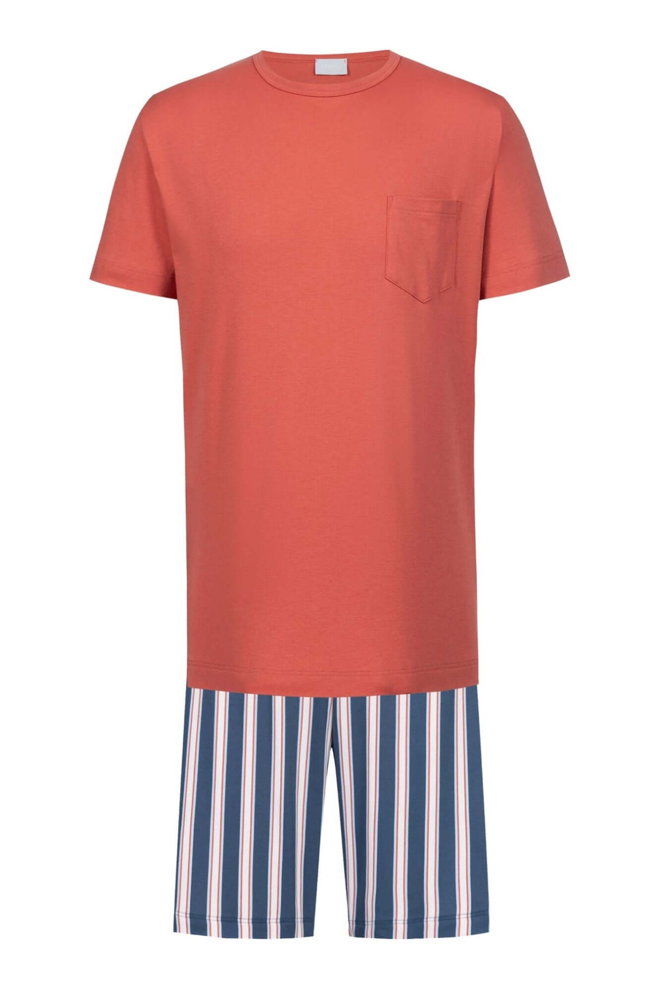 Mey Tweedelige Korte Pyjama Bold Coral Stripes Heren 2240084 1764 coral island met rood shirt en gestreepte broek.
