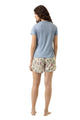 Mey Tweedelige Korte Pyjama Botanic Garden Dames 1240106 1737 almond milk, achteraanzicht van damespyjama, lichtblauw shirt, gebloemde broek.