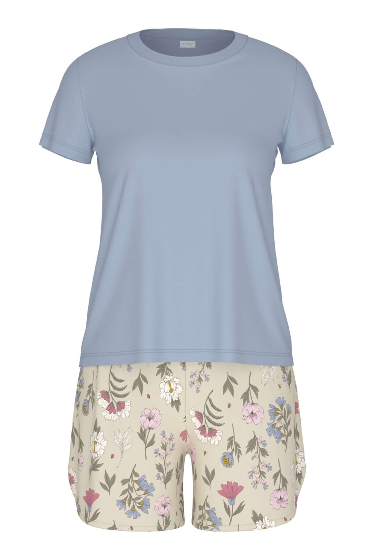 Mey Tweedelige Korte Pyjama Botanic Garden Dames 1240106 1737 almond milk met lichtblauw shirt en gebloemde broek.