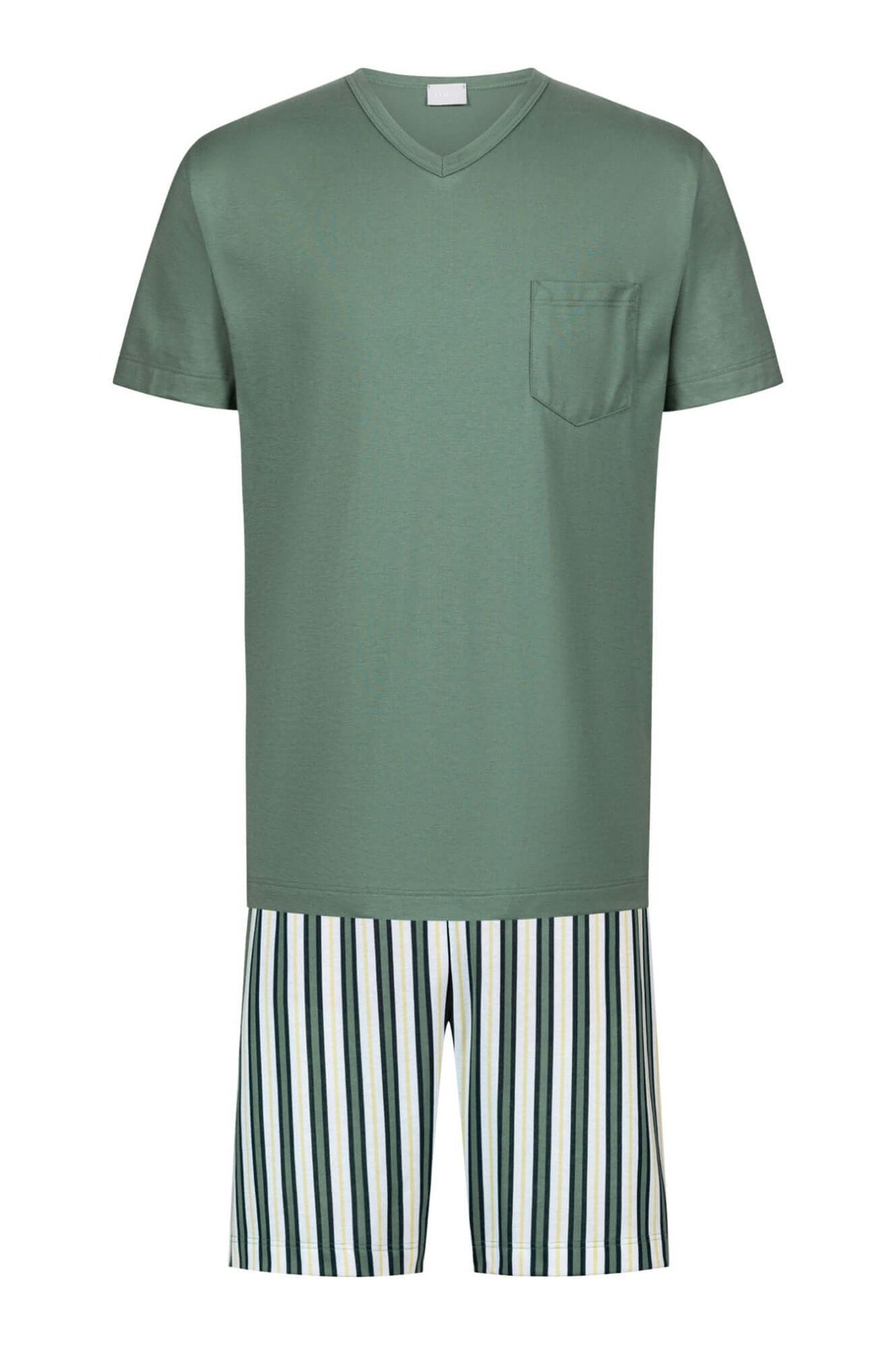Mey Tweedelige Korte Pyjama Palm Stripes Heren 2240085 1254 palm hue met kaki shirt en gestreepte korte broek.