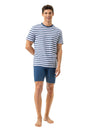 Mey Tweedelige Korte Pyjama Sky Stripes Heren 2240079 1762 hague blue met gestreept shirt en korte blauwe broek.