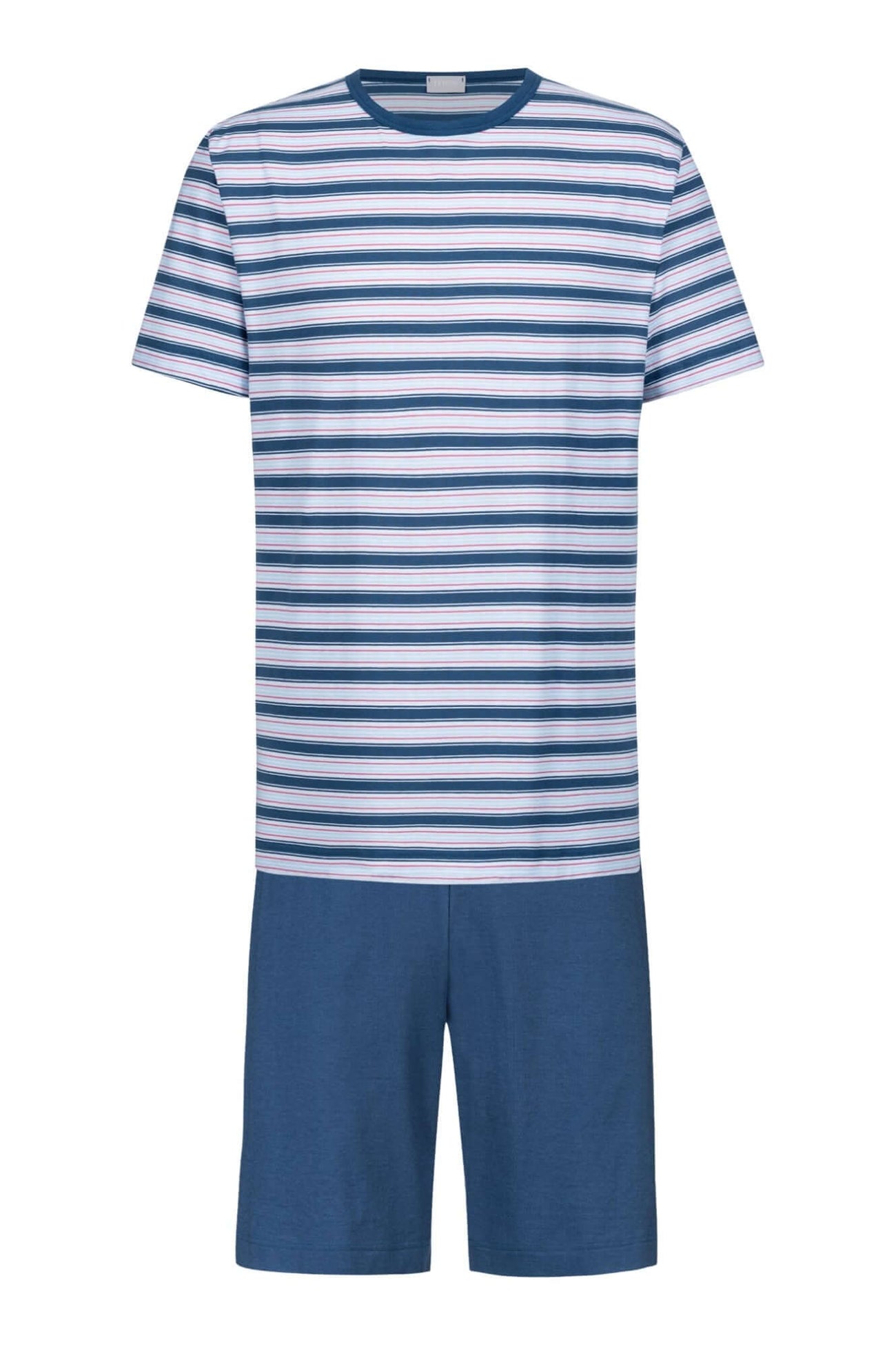Mey Tweedelige Korte Pyjama Sky Stripes Heren 2240079 1762 hague blue met gestreept shirt en korte effen blauwe broek.