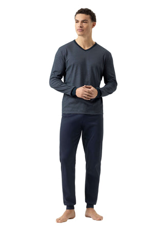 Mey herenpyjama Bennison met gestreept shirt en donkere pyjamabroek in yacht blue voor comfortabele nachten.