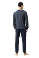 Mey herenpyjama in yacht blue, met gestreept shirt en effen lange broek, comfortabel en stijlvol.