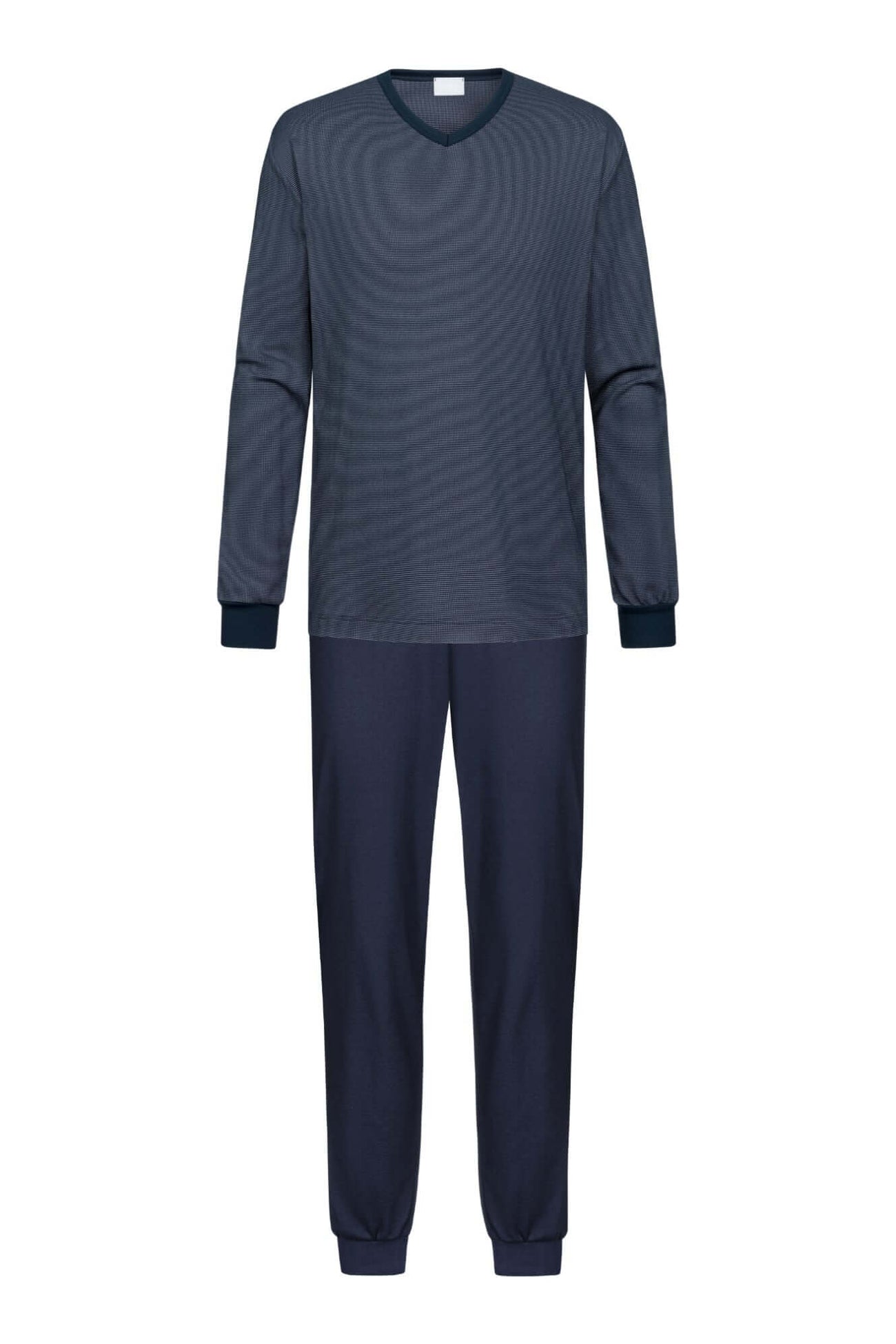 Mey tweedelige herenpyjama in yacht blue met gestreept shirt en donkerblauwe broek.