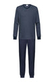 Mey tweedelige herenpyjama in yacht blue met gestreept shirt en donkerblauwe broek.