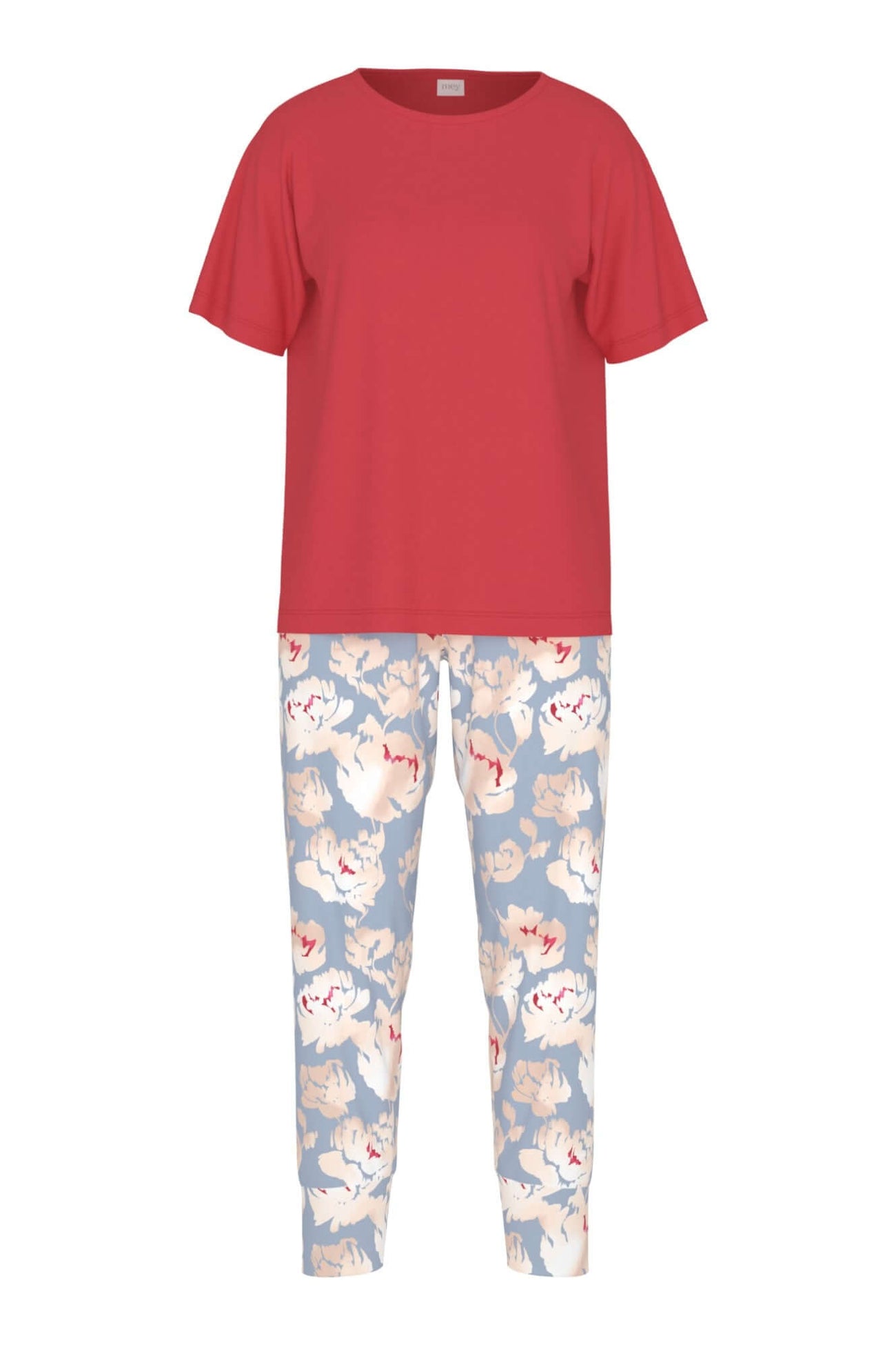 Mey Tweedelige Pyjama Dames 1240115 1700 strawberry glaze met effen shirt en bloemenprint pyjamabroek.
