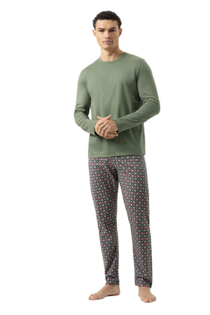 Mey tweedelige pyjama voor heren, effen olijfgroen shirt met grafische pyjamabroek, casual pasvorm.
