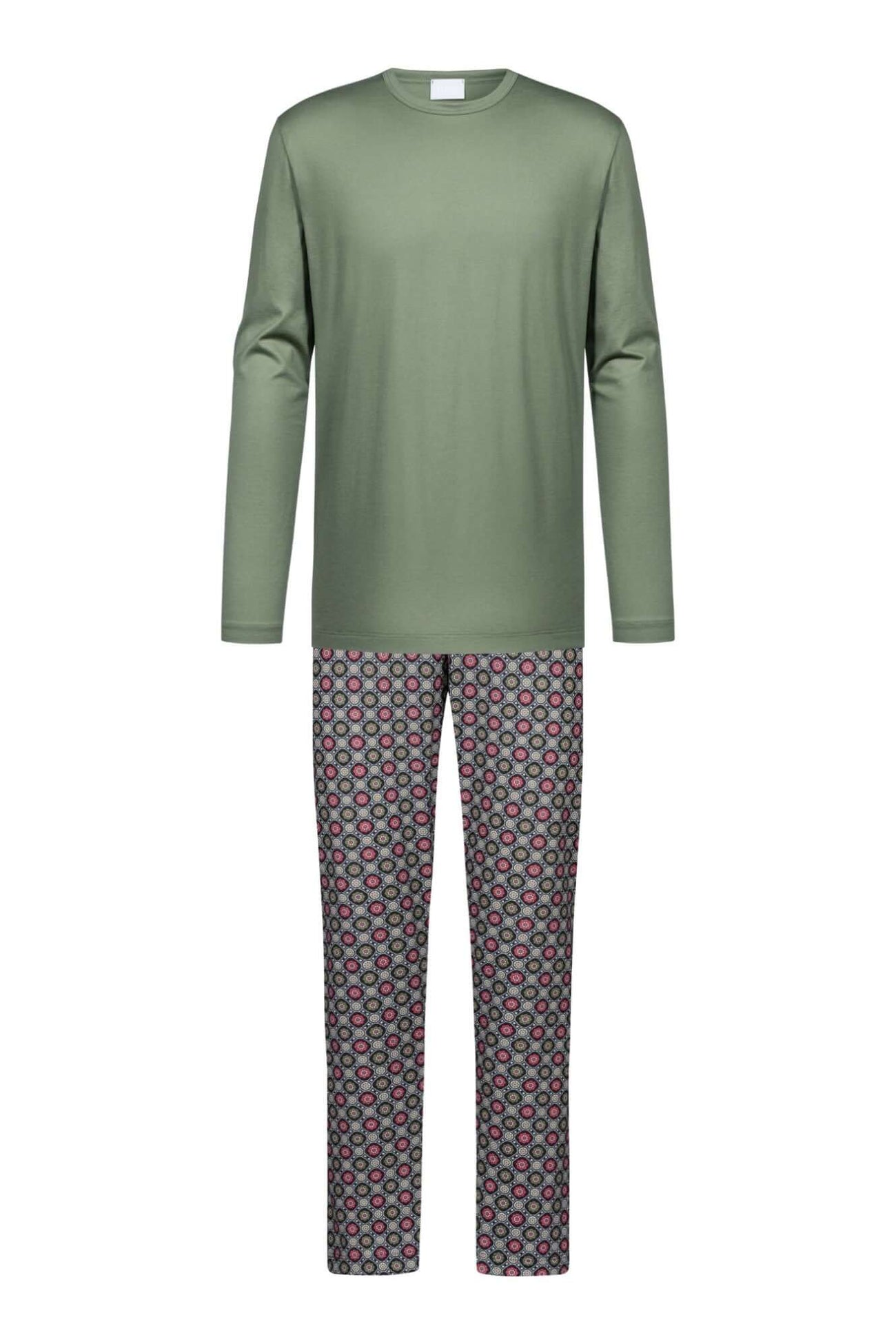 Mey tweedelige pyjama voor heren, olijfgroen shirt met lange mouwen en grafische pyjamabroek.