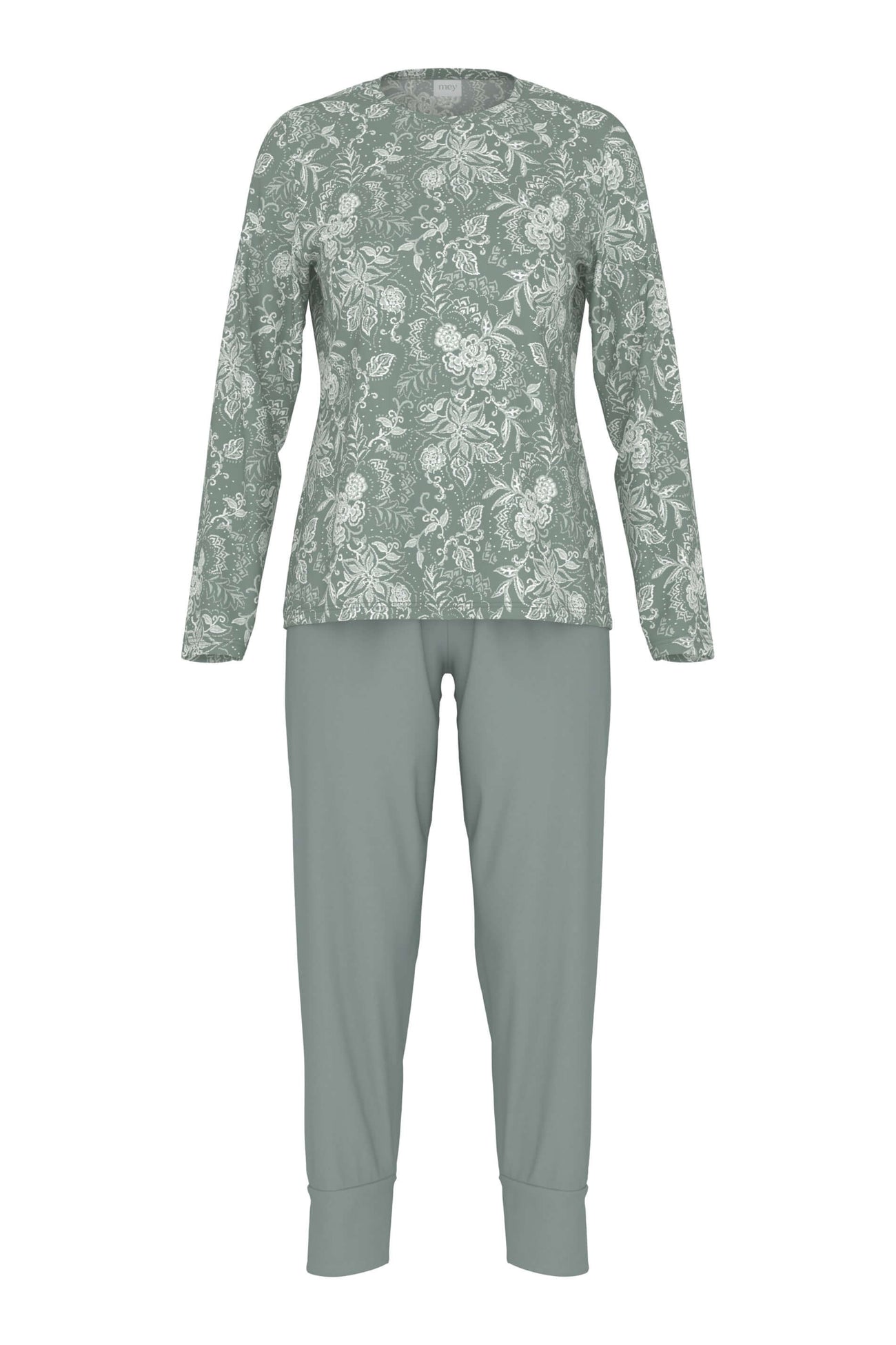 Mey tweedelige damespyjama in dustyt teal met bloemetjes shirt en effen broek, gemaakt van 100% katoen.