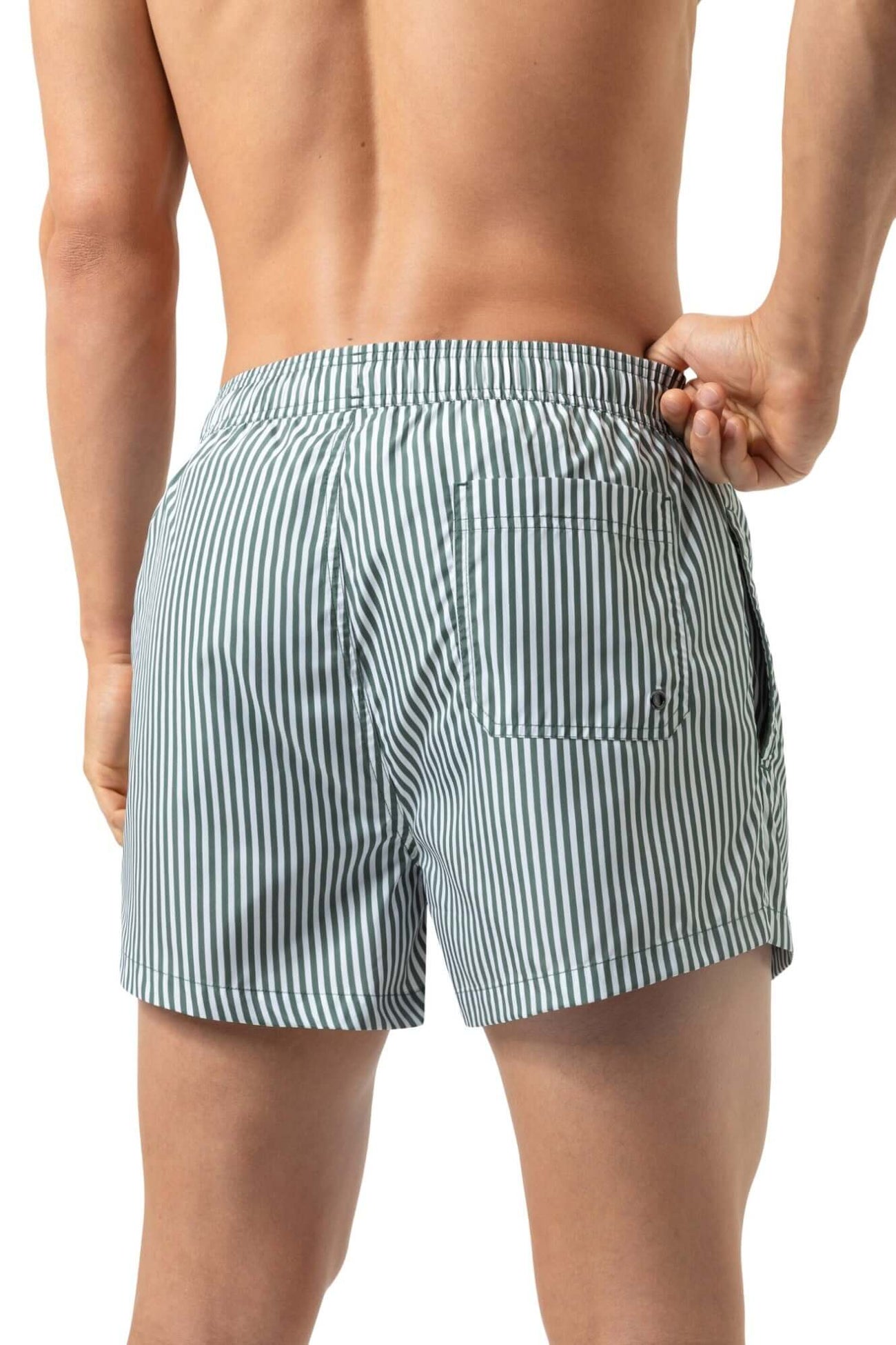Mey Zwembroek Seaside Stripe Heren 2420029 1254 palm hue, groene en witte gestreepte zwembroek op een model.