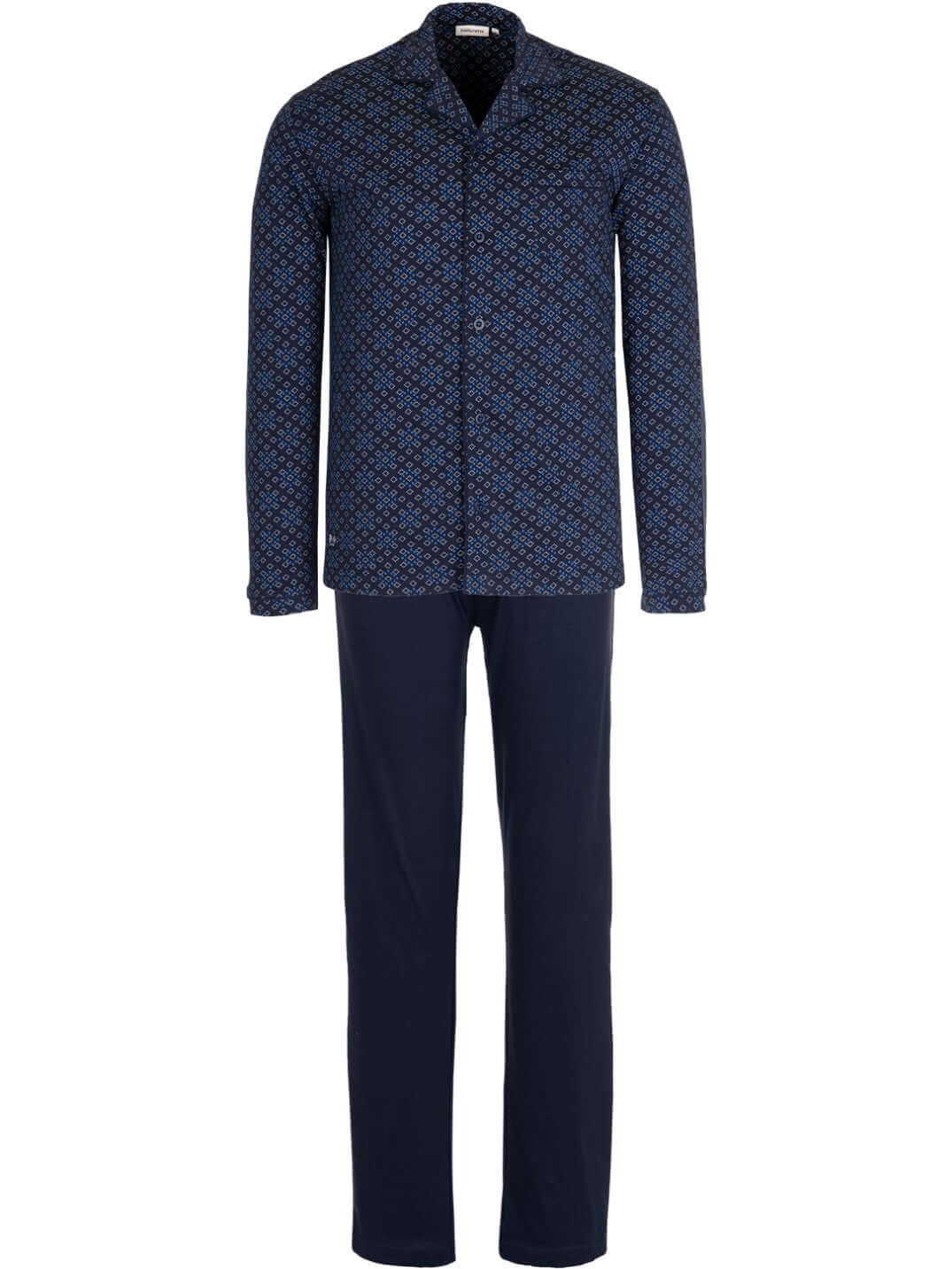 Pastunette Tweedelige Doorknoop Pyjama Heren 122199-510-2 520 Dark Blue met grafisch design en effen broek.