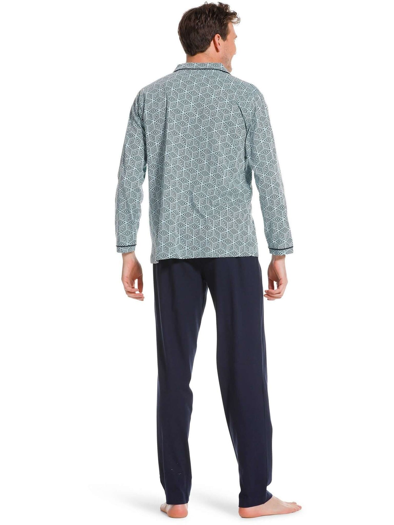 Heren doorknoop pyjama met grafisch patroon en donkerblauwe broek, achteraanzicht.