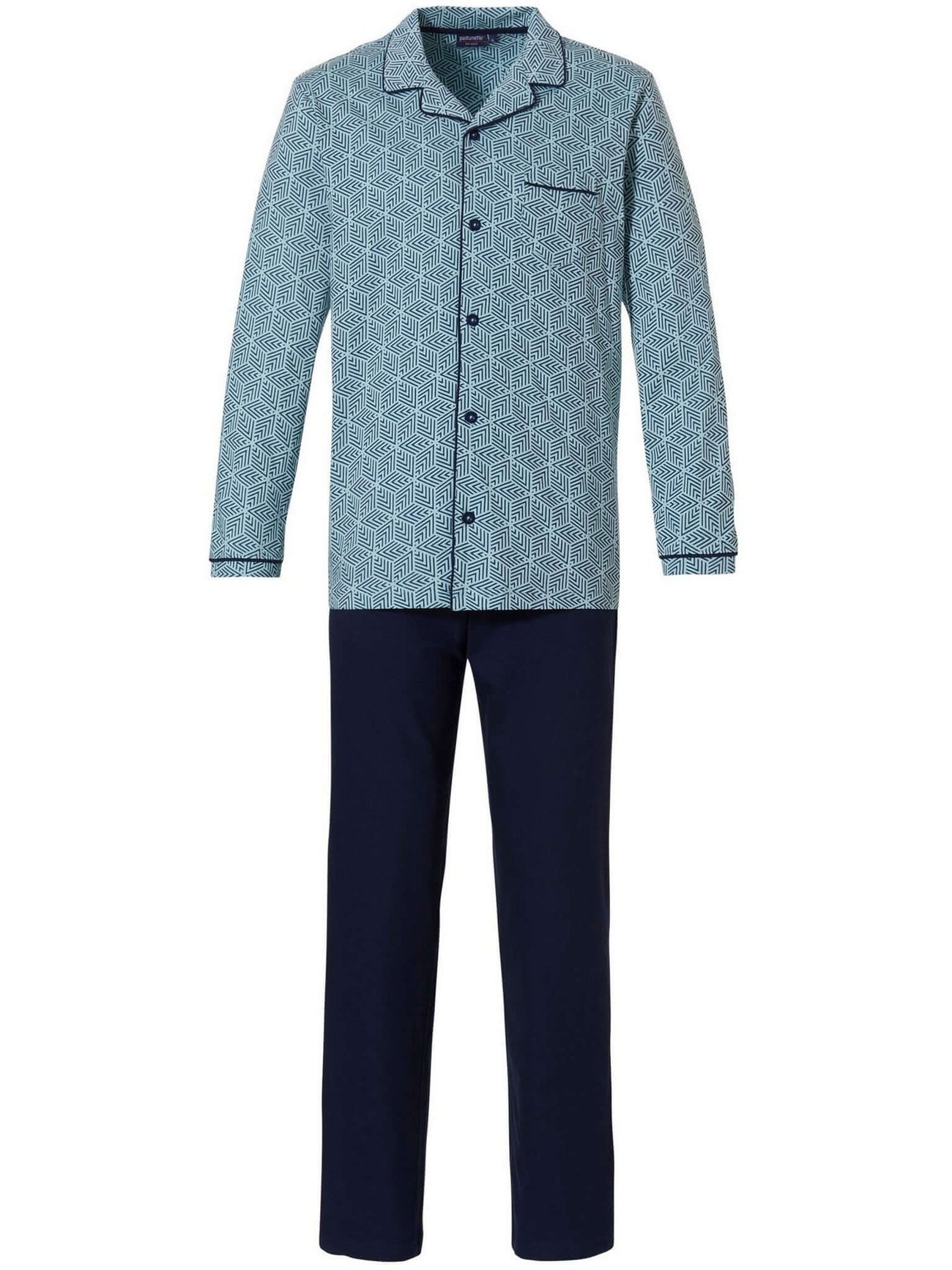 Pastunette tweedelige doorknoop pyjama heren in groen met grafisch motief en donkerblauwe broek