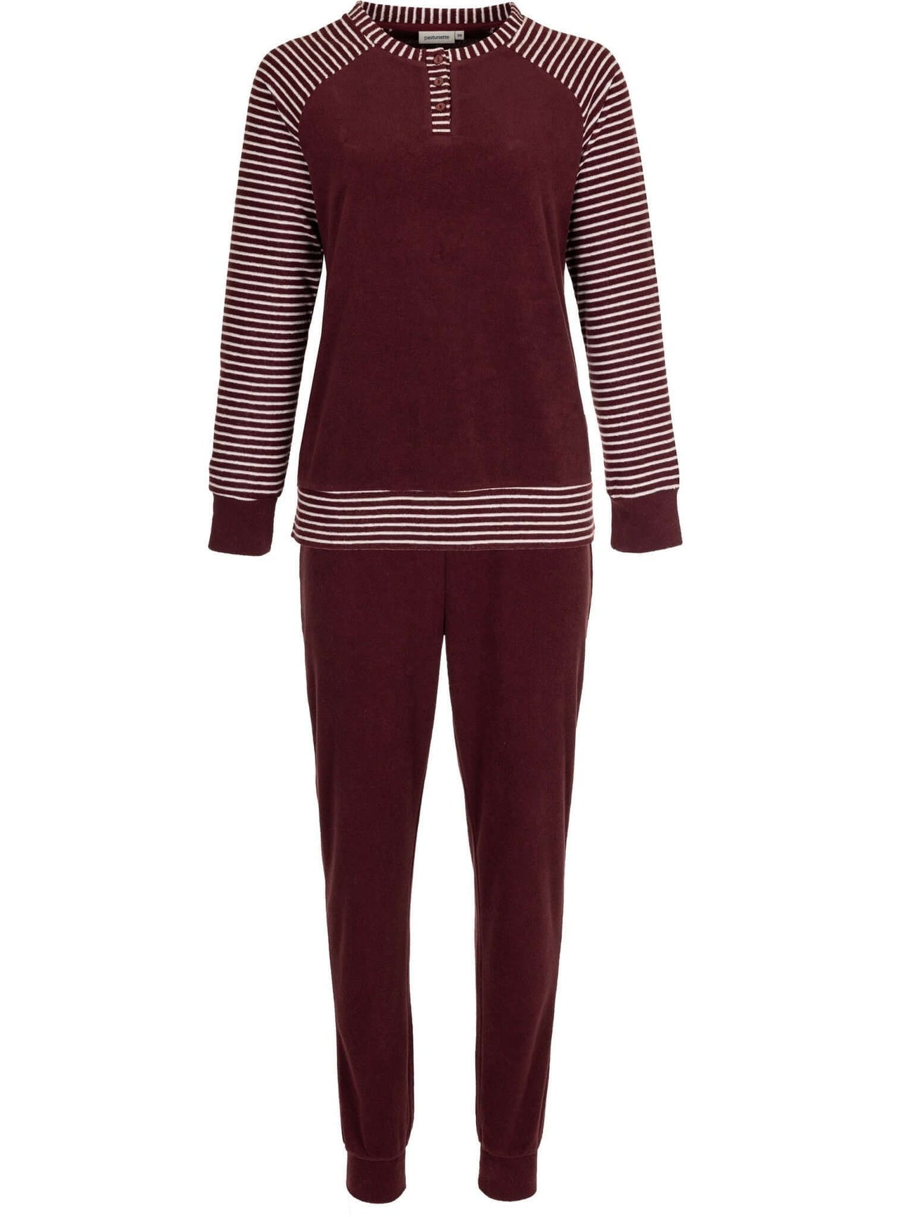 Pastunette Tweedelige Pyjama Badstof Dames 121199-104-1 270 dark red, comfortabele badstof pyjama in donkerrood met strepen.