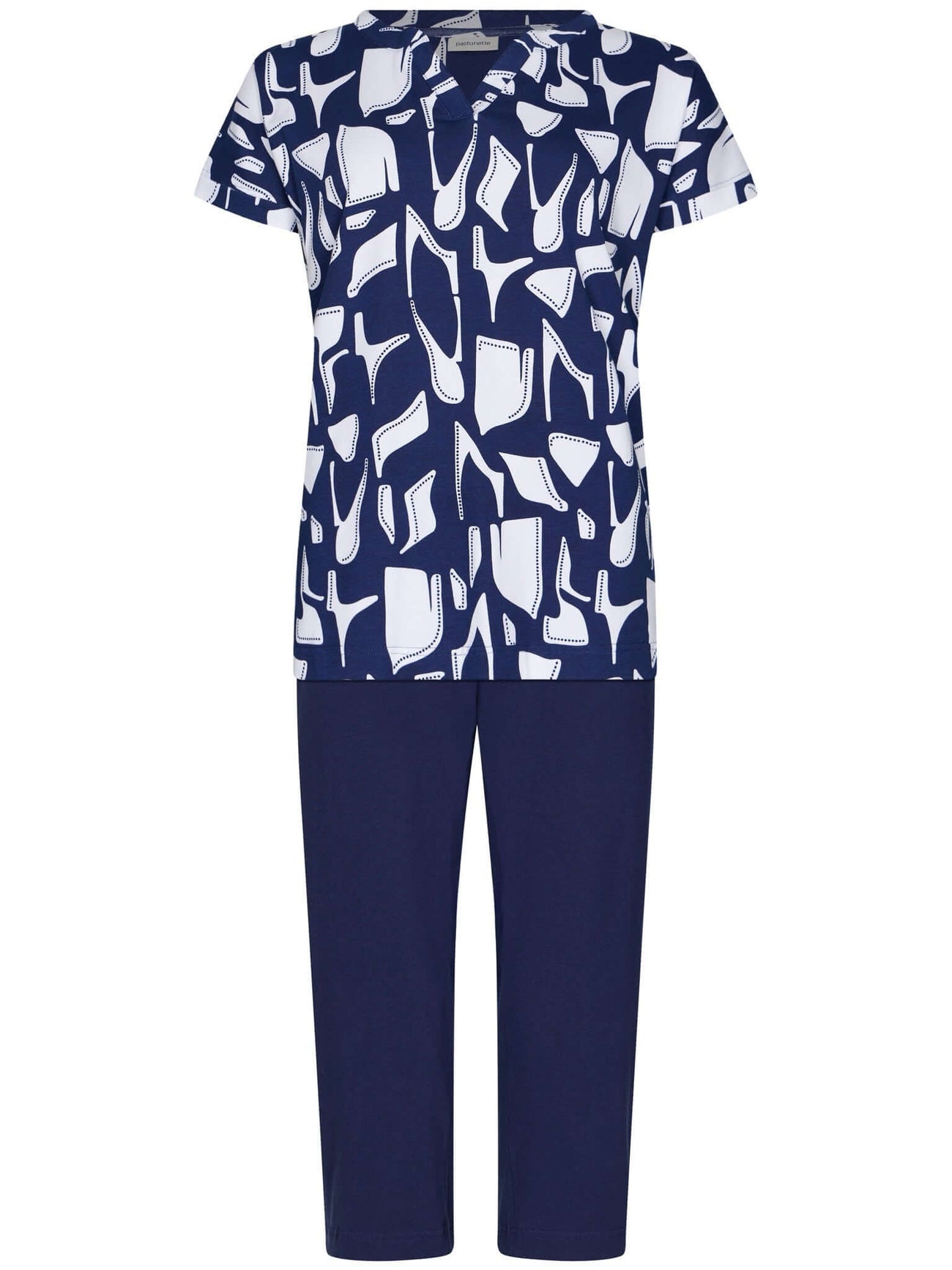 Pastunette Tweedelige Pyjama Midnight Mosaic Dames 121261-150-1 520 Dark Blue met een blauw-wit design en donkerblauwe broek.