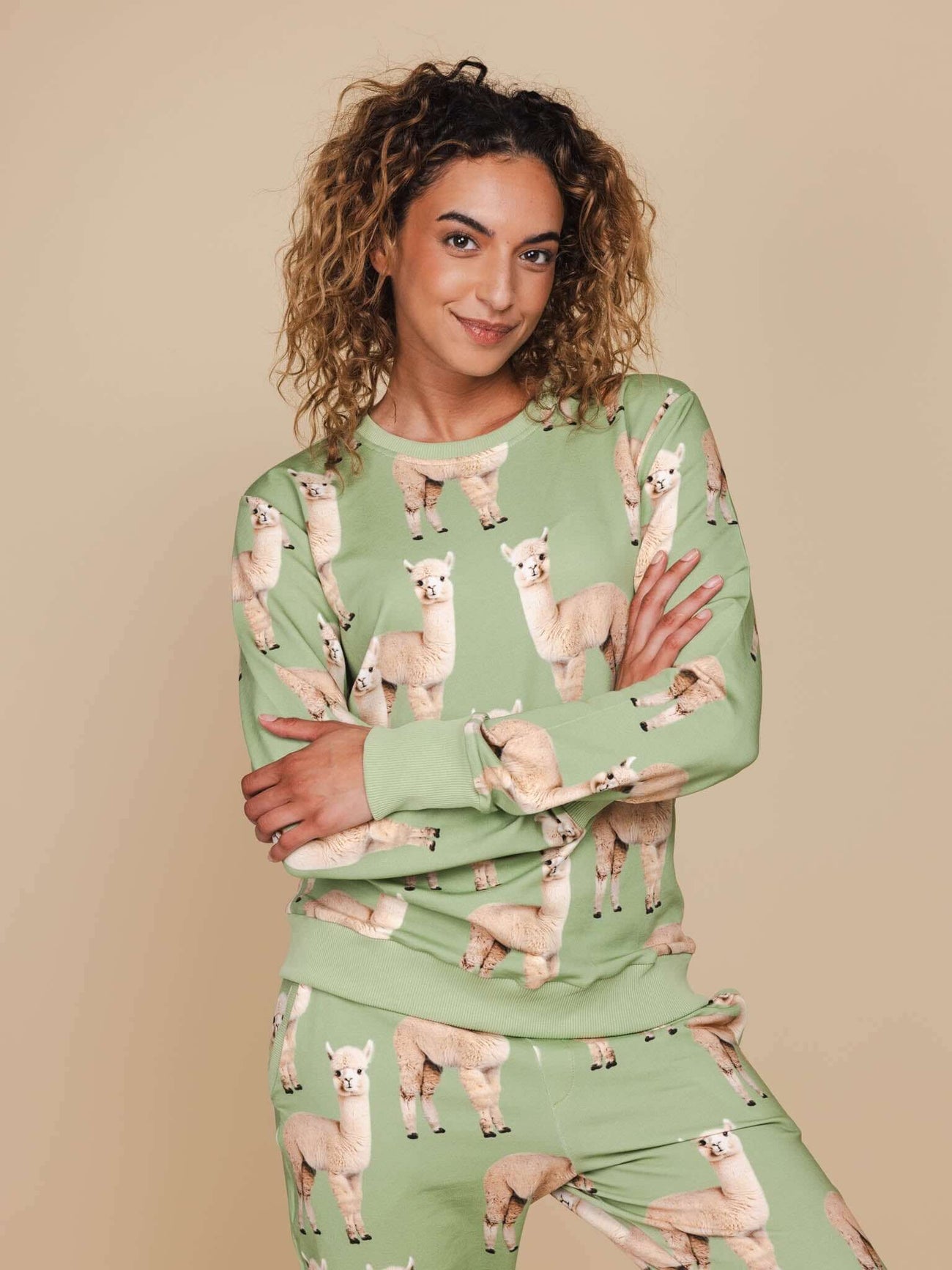 Model met een SNURK Alpaca Meadow Sweater Dames, lichtgroene trui met alpacaprint.