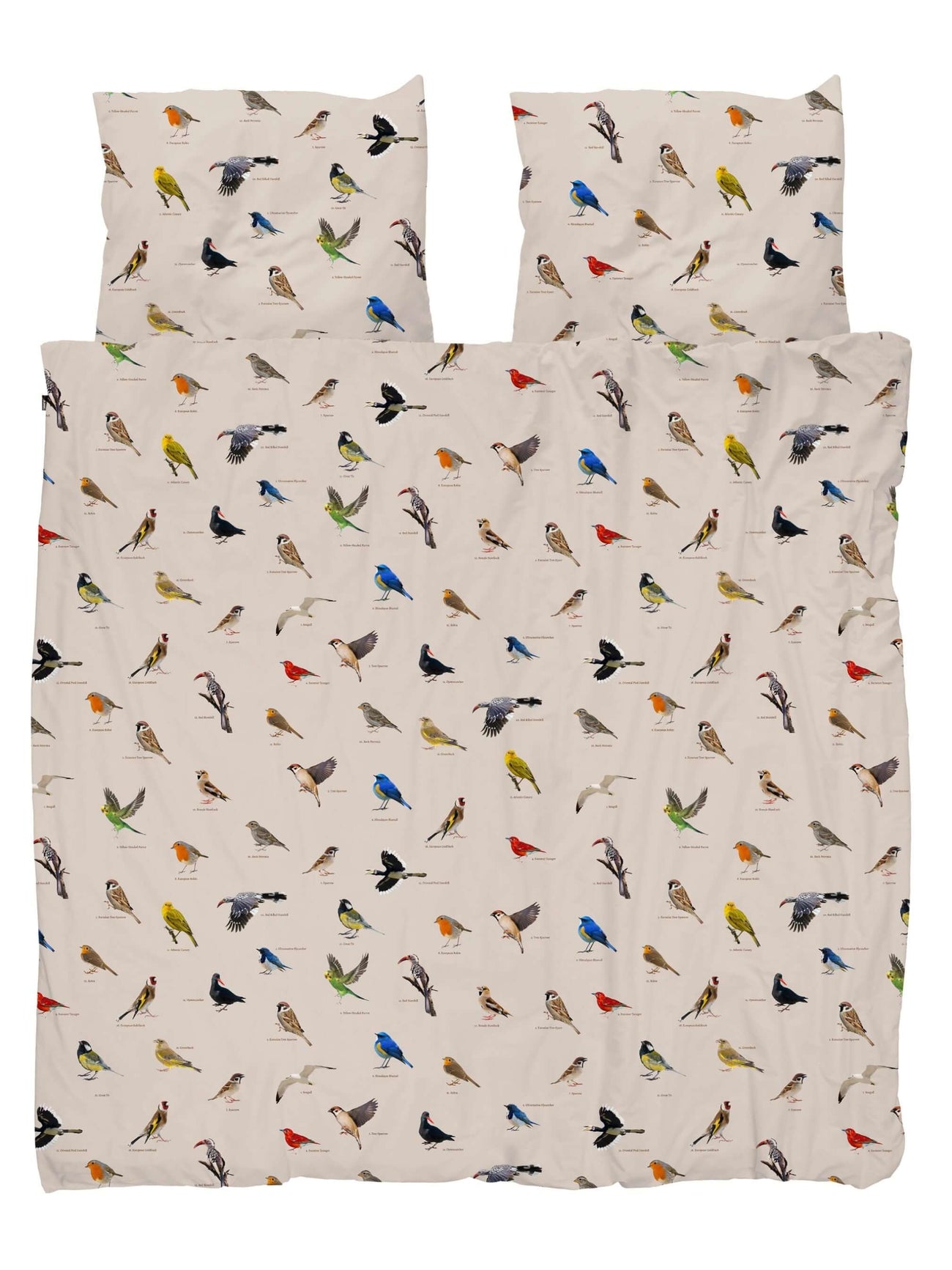 SNURK Bird Watching dekbedovertrek met kleurrijke vogels op een neutrale achtergrond.