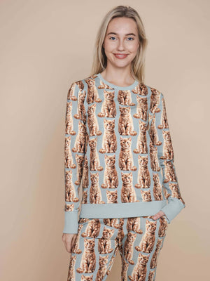 SNURK Bowie Sweater Dames met all-over print van katten, perfecte comfortabele damespyjama.