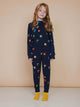 SNURK Building Blocks Broek Kids met kleurrijke blokken op een donkerblauwe achtergrond voor kinderen.
