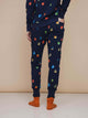 SNURK Building Blocks Broek Regular Unisex met kleurrijke houten blokken op een navy achtergrond.