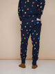SNURK Building Blocks Broek Regular Unisex met kleurrijke blokkenprint op een navy achtergrond.