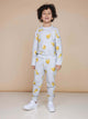 SNURK Chips Broek Kids, kind in comfortabele joggingbroek met chipsprint, grijze ondergrond, biologische katoen