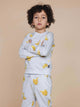 SNURK Chips Sweater Kids, grijze sweat met lichtgele chips print, perfect voor kinderen, relaxte fit en biologische katoen.