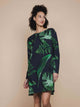 SNURK Dark Forest Long Sleeve Dress Dames met grote donkergroene bladeren op antracietgrijze achtergrond