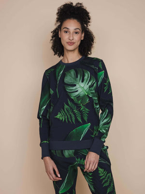 SNURK Dark Forest Sweater Dames met donkergroene bladeren op antracietgrijs