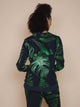SNURK Dark Forest Sweater Dames met donkergroene bladeren op antracietgrijze achtergrond, achterkant zichtbaar.