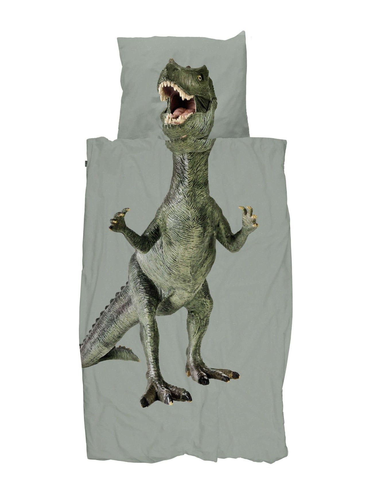 SNURK Dino Green dekbedovertrek met T-Rex op een groene achtergrond voor een stoere slaapervaring.