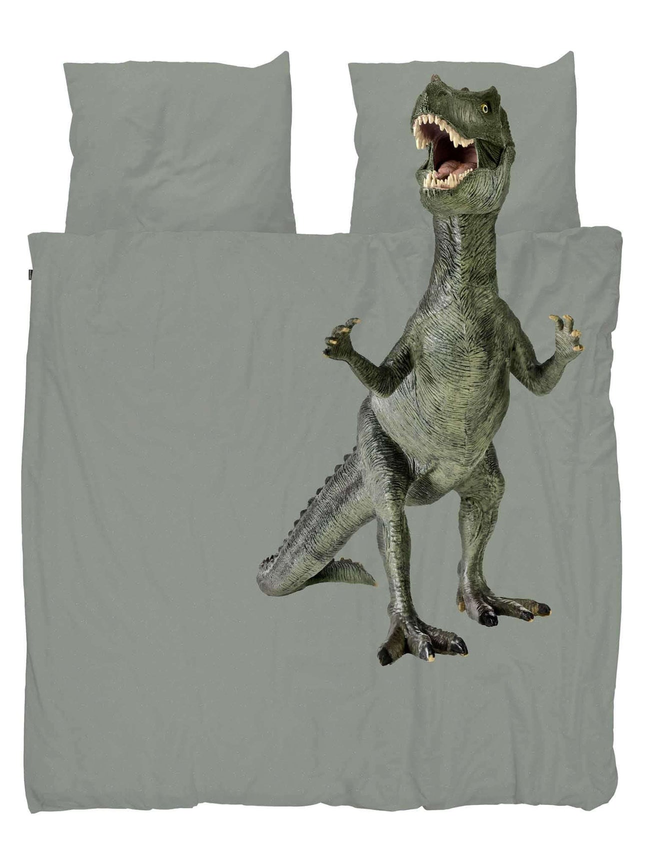 SNURK Dino Green dekbedovertrek met afbeelding van T-Rex op een groene achtergrond.